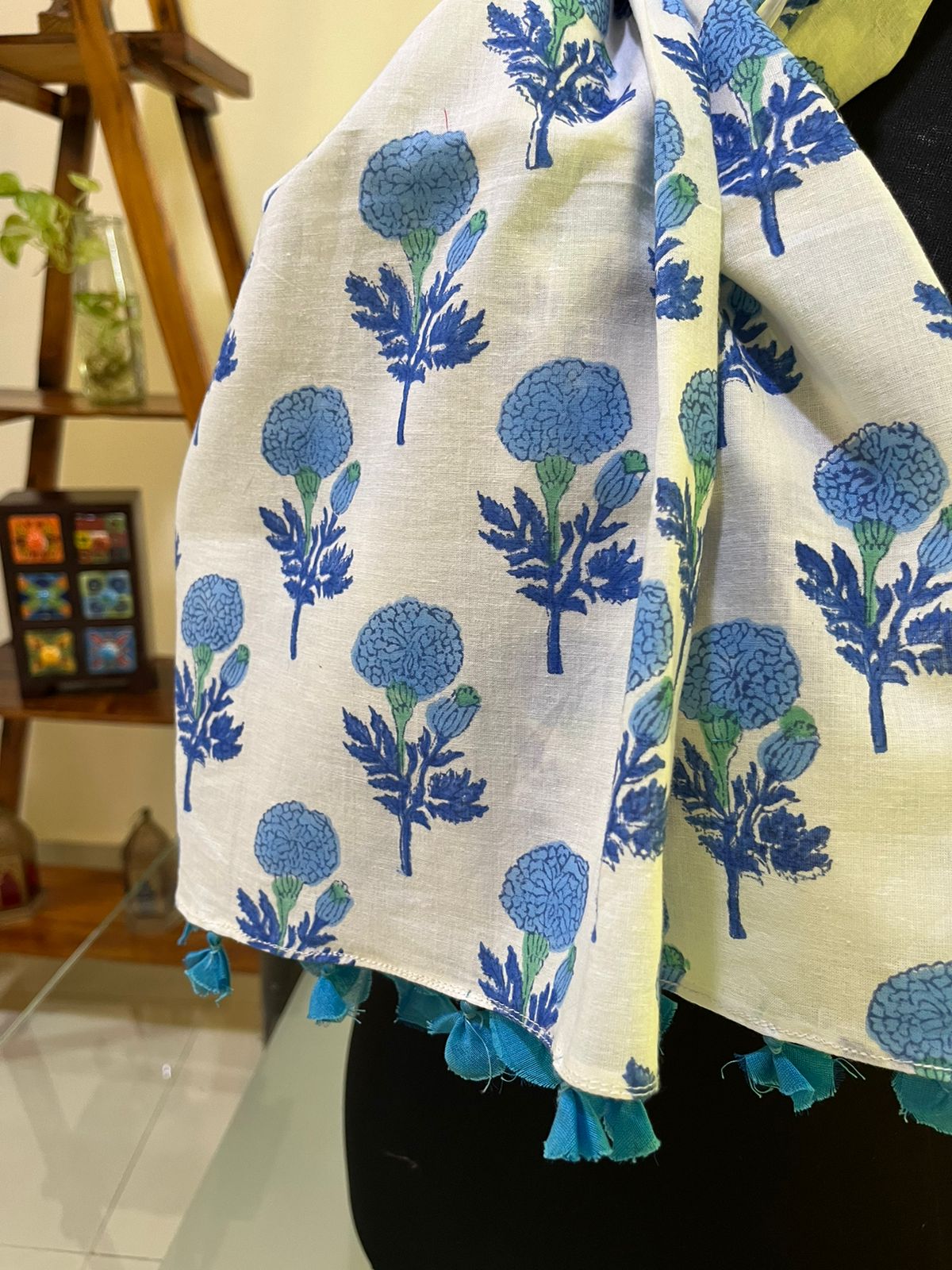 Pure Mul Cotton Hand block Printed Stole with Tassels