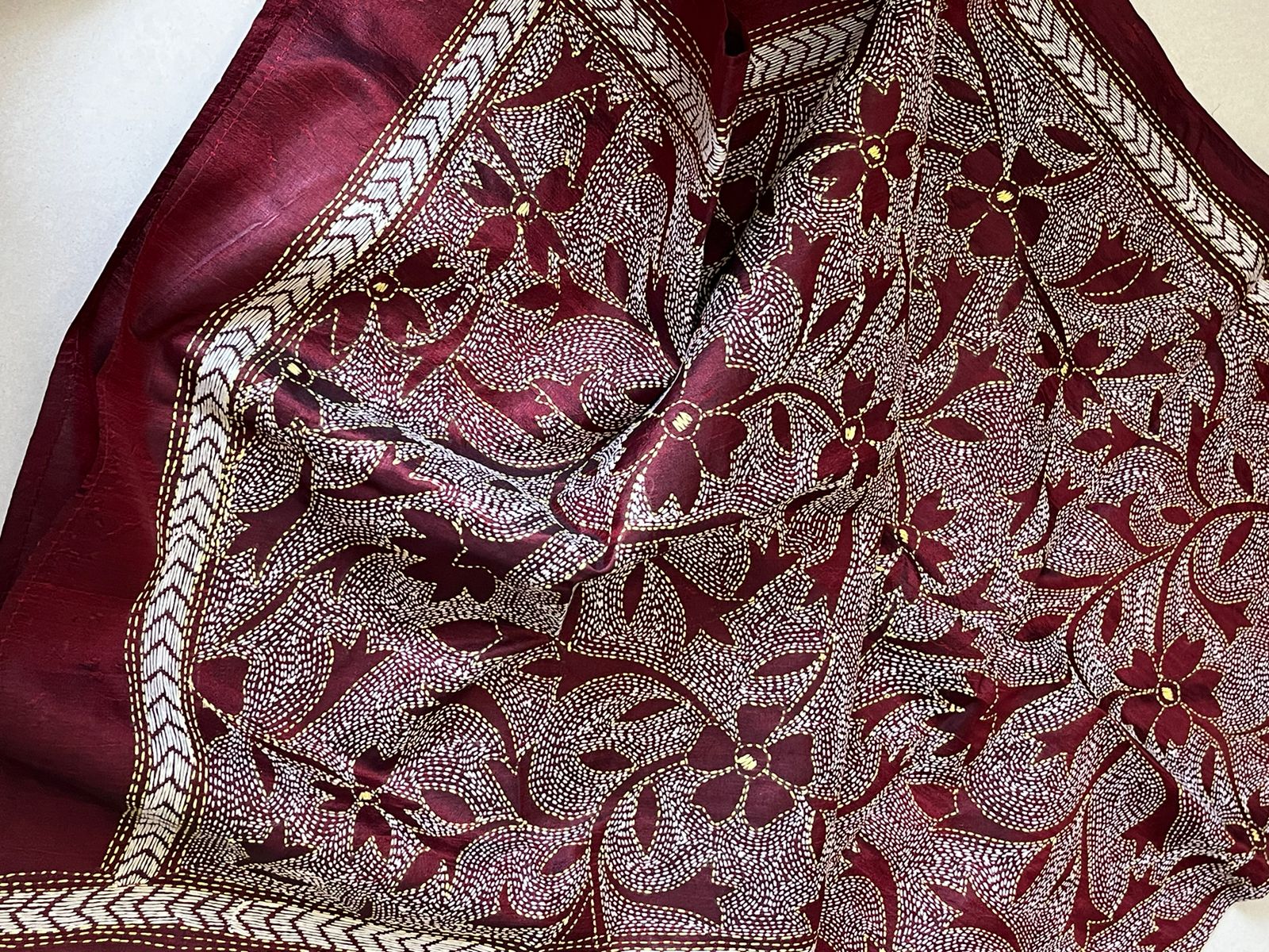 Pure Silk Kantha Hand Embroidered Stole - Maroon