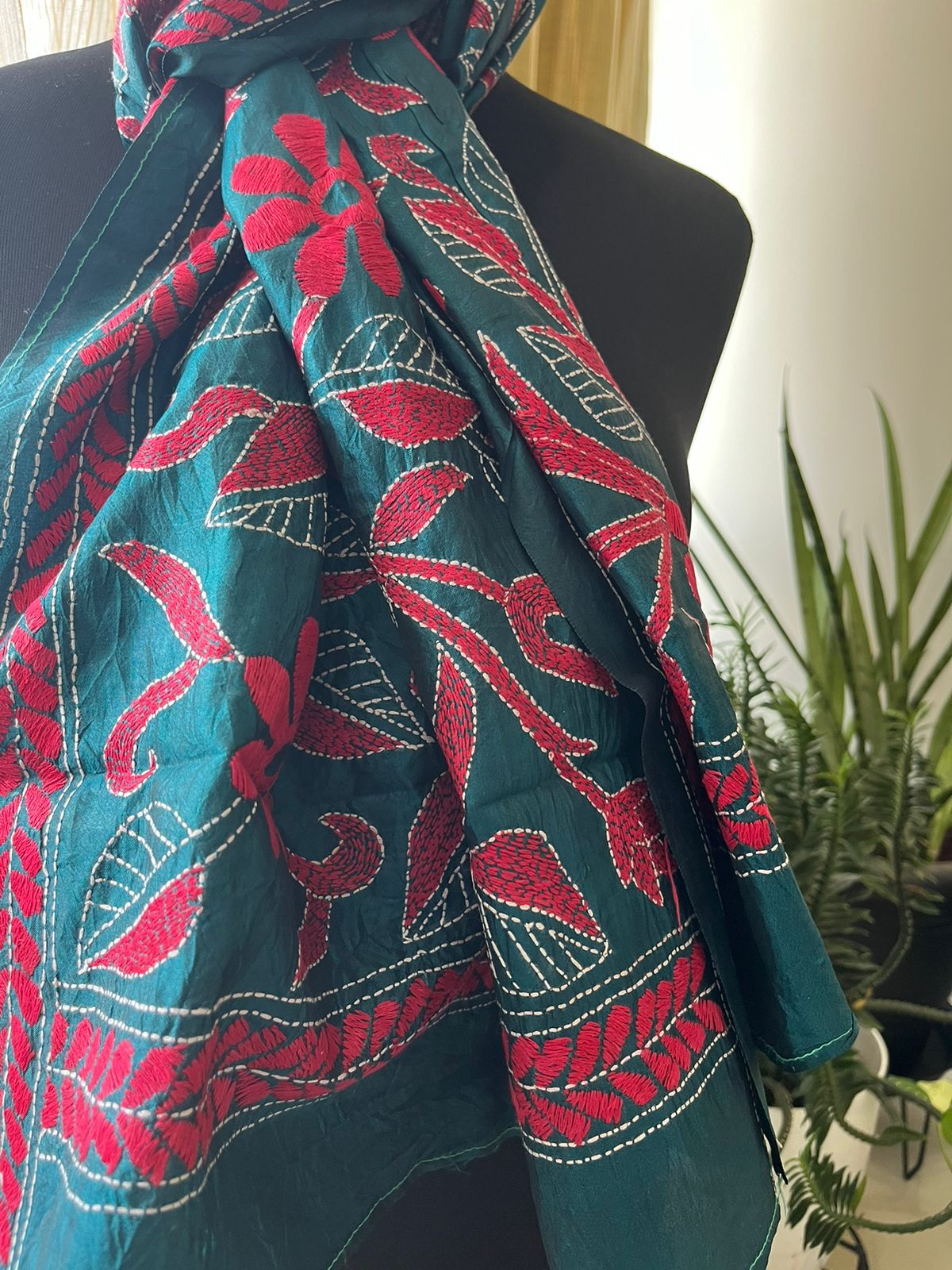 Pure Silk Kantha Hand Embroidered Stole - Blue and Pink