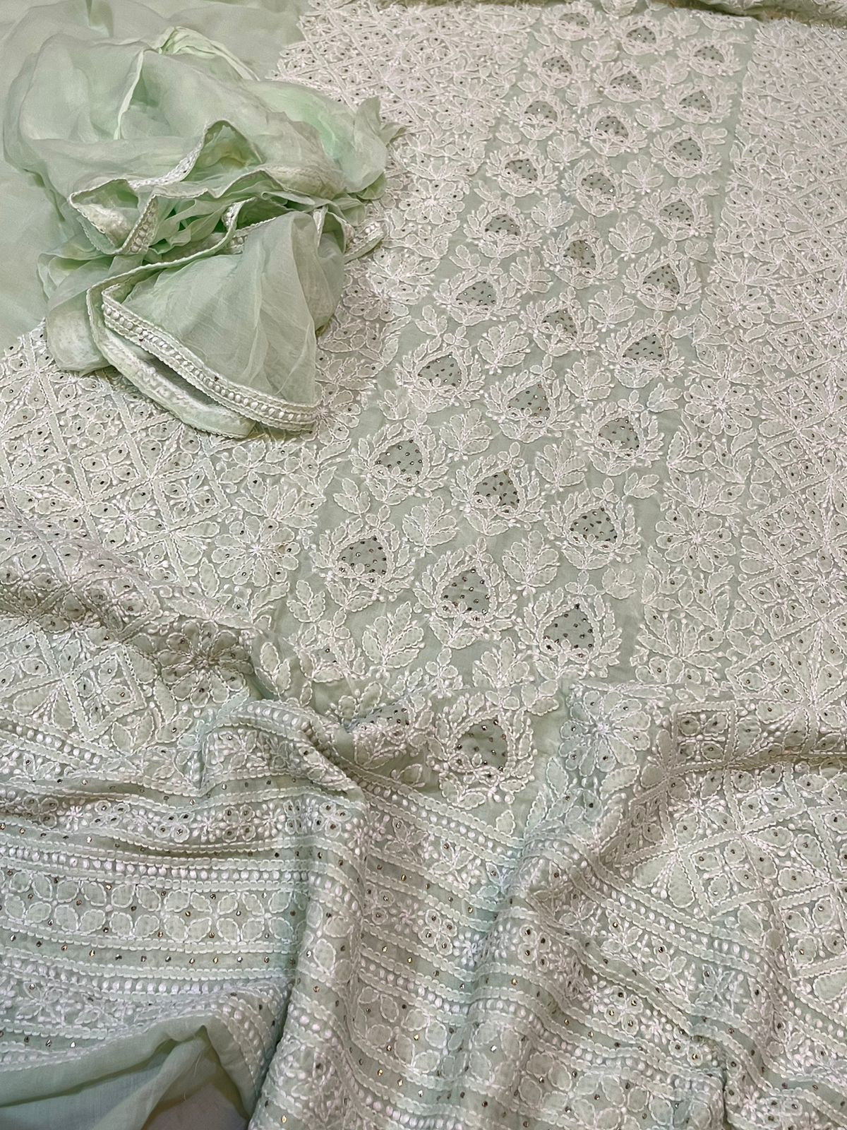 Pure mul cotton Hand Embroidered Chikankari Party Wear 3 piece suit - Pista Green