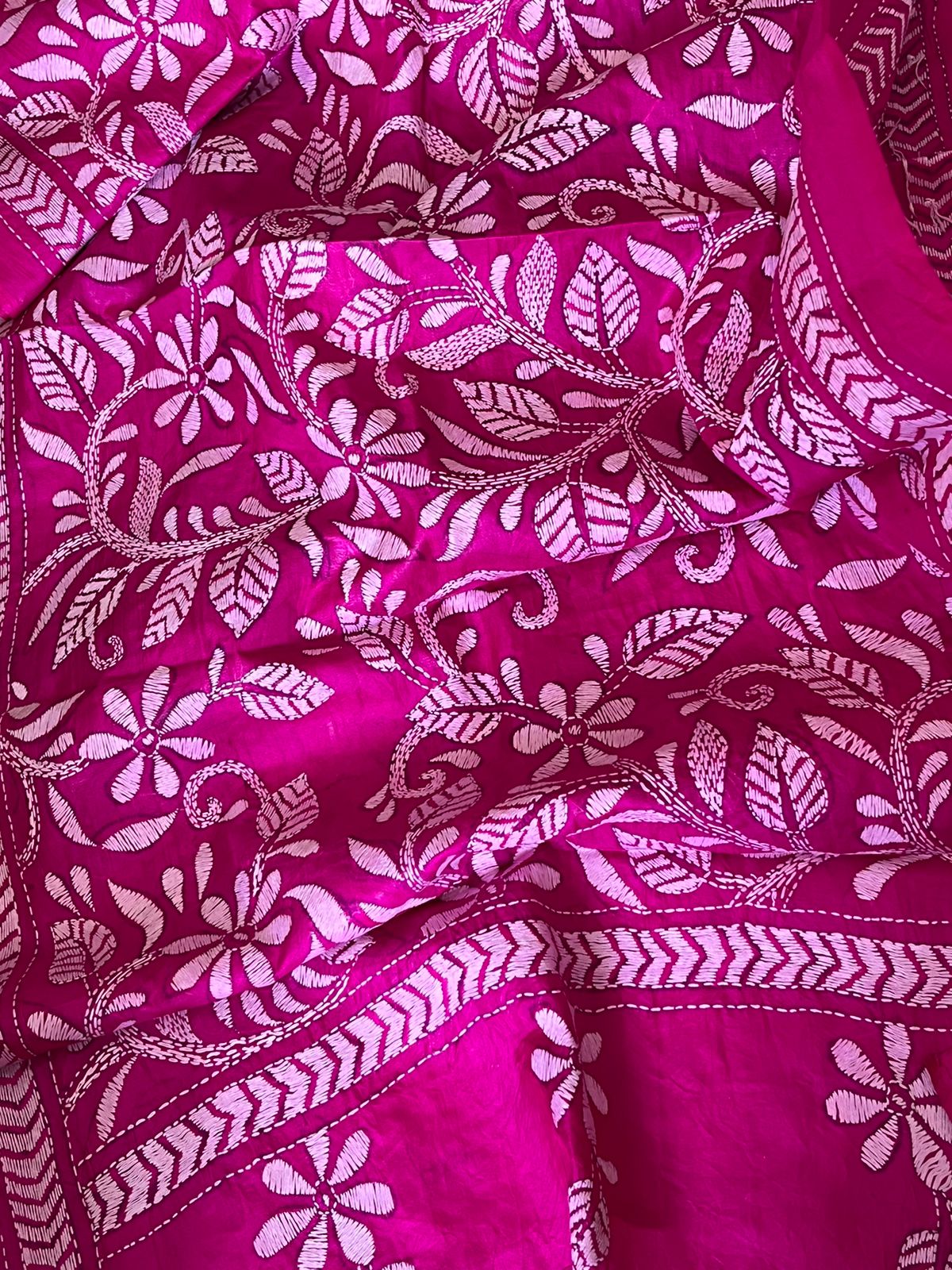 Pure Silk Kantha Hand Embroidered Stole - Pink