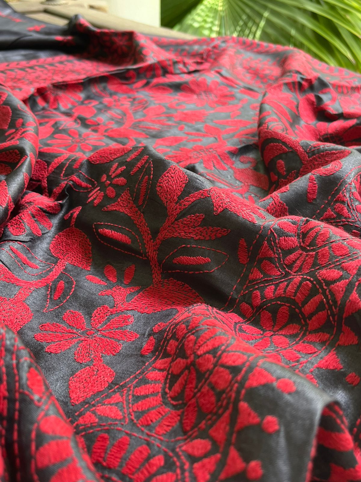 Pure Tussar Silk Handwoven Saree with hand Kantha Embroidery - Charcoal Black with Red