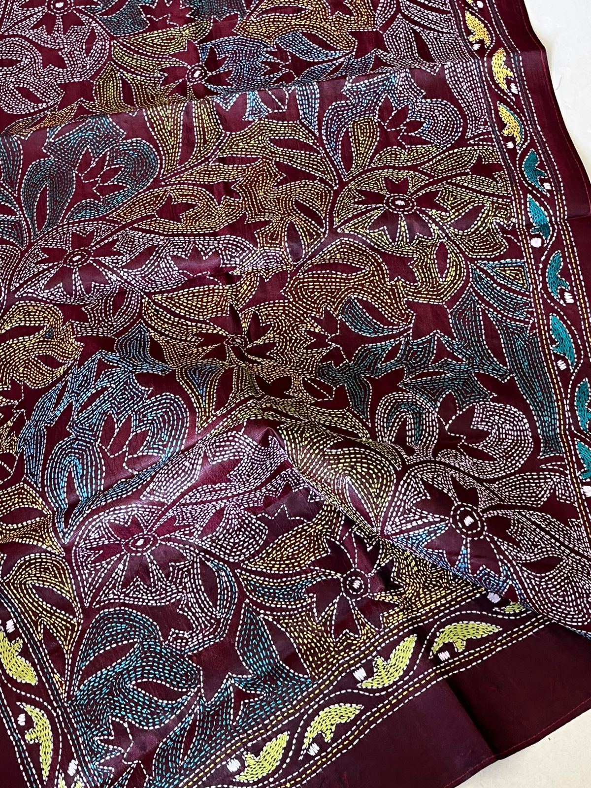Pure Silk Kantha Hand Embroidered Stole - Maroon