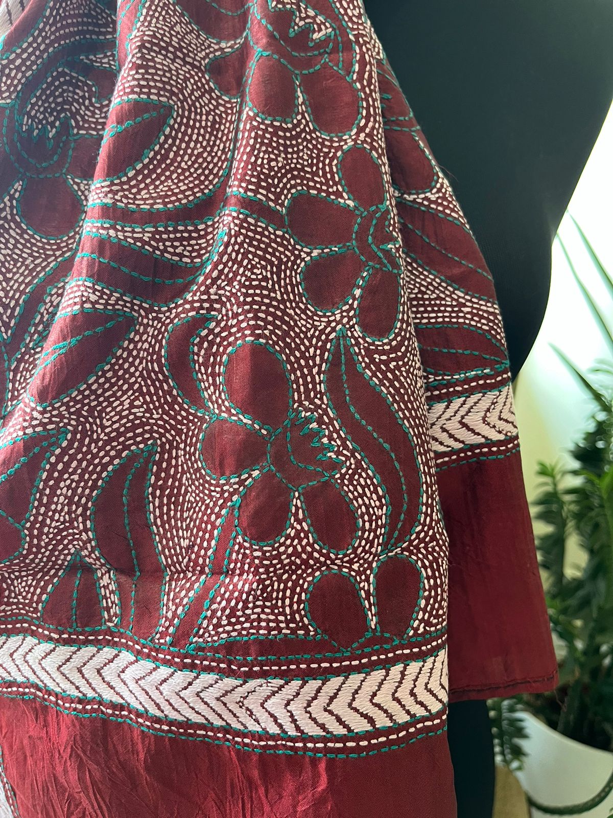 Pure Silk Kantha Hand Embroidered Stole - Wine Red