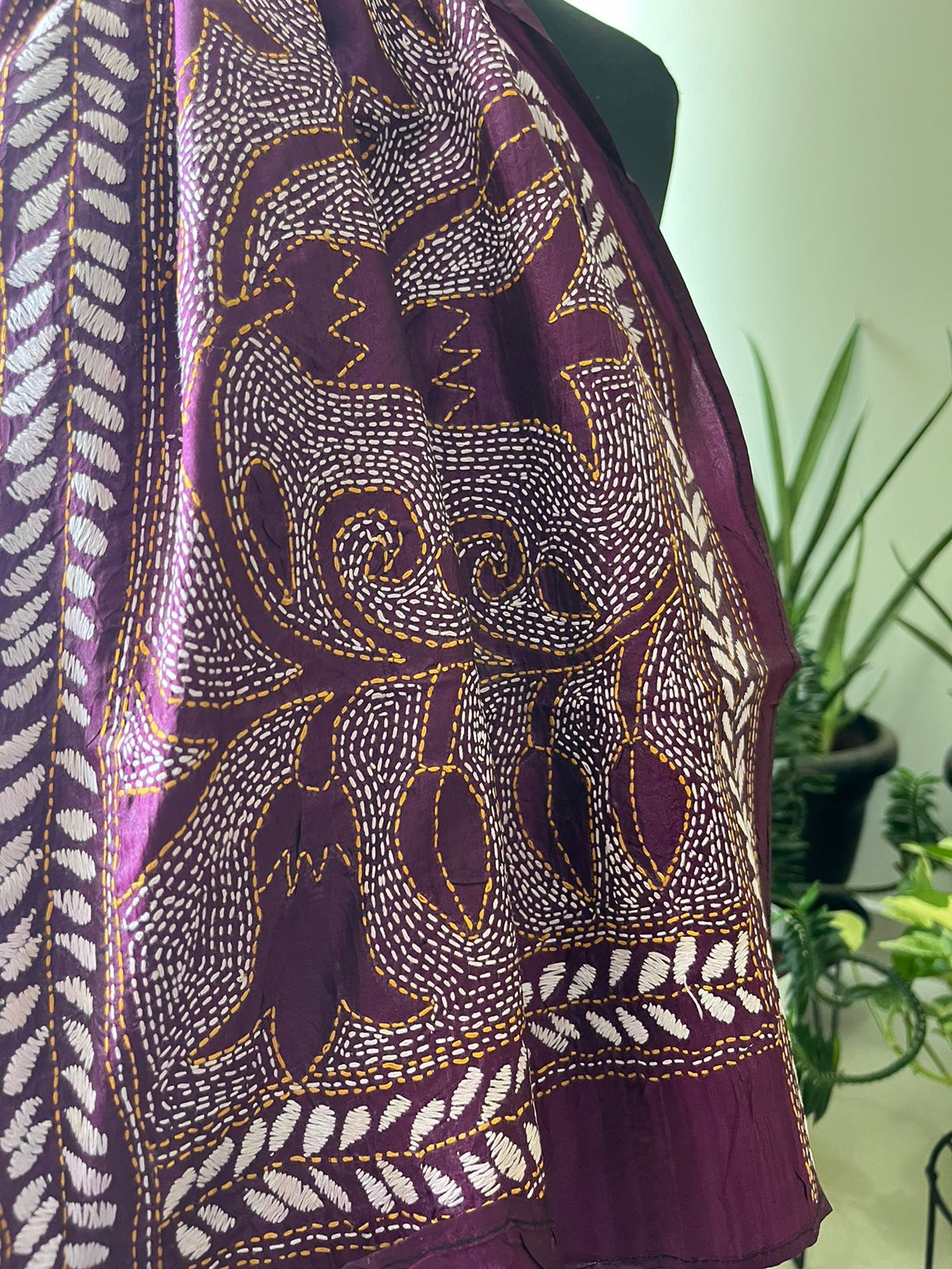 Pure Silk Kantha Hand Embroidered Stole - Maroon