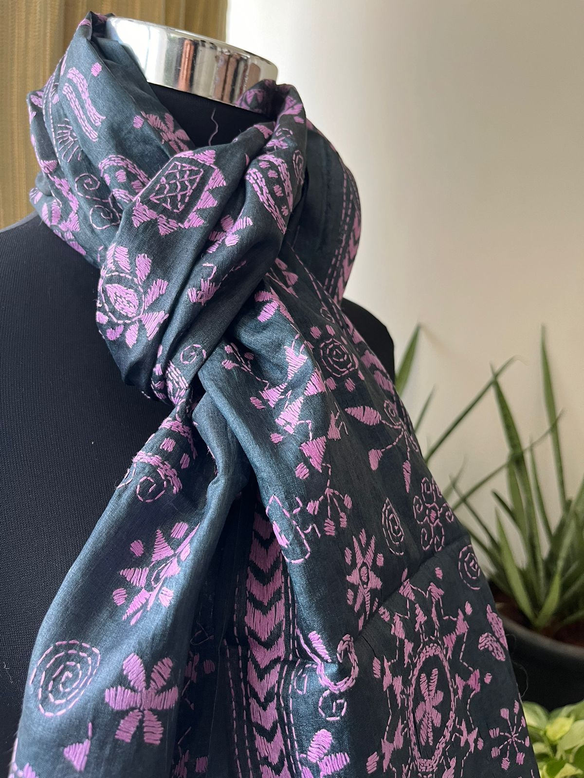 Pure Silk Kantha Hand Embroidered Stole - Black and Pink