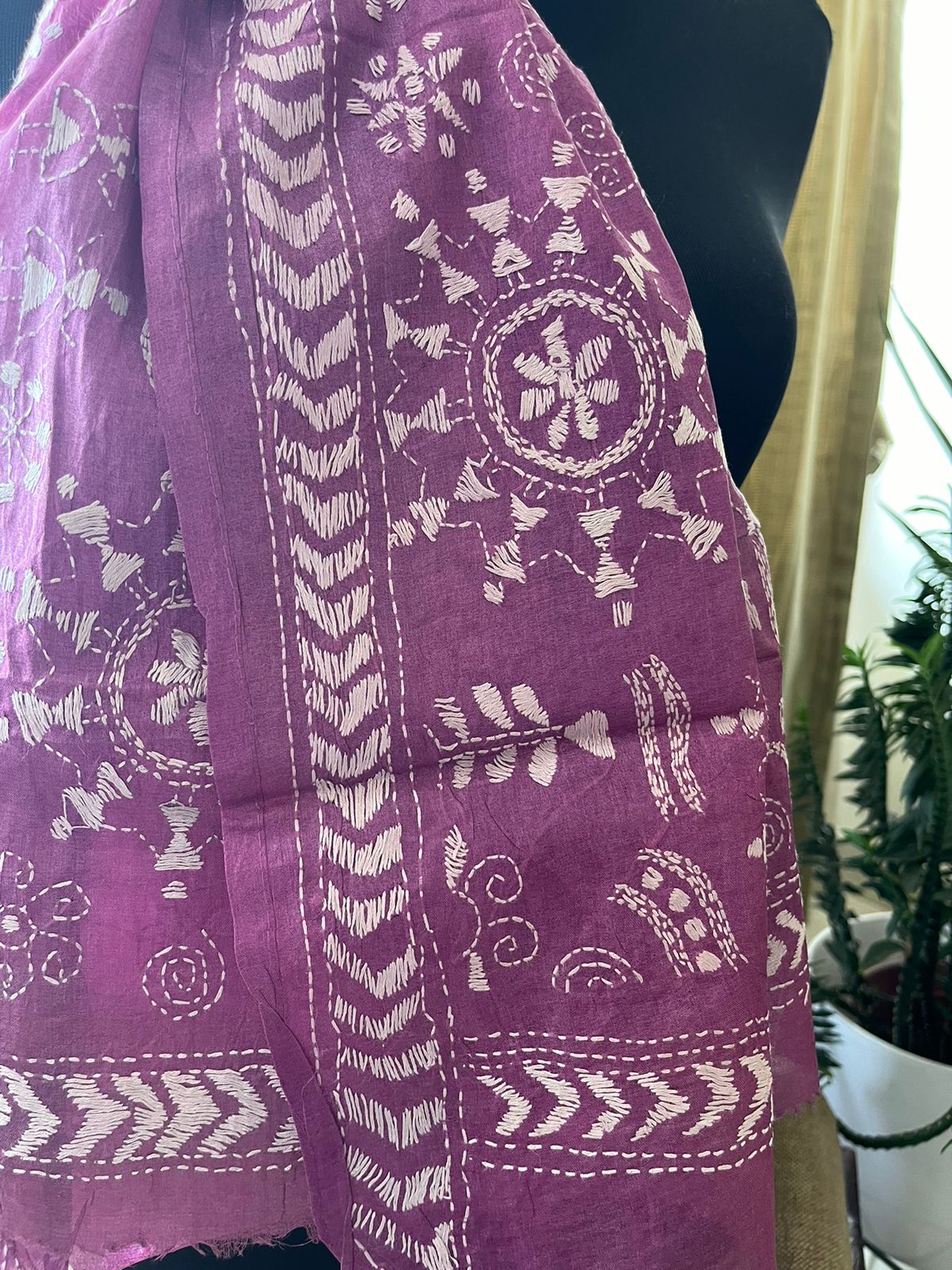 Pure Silk Kantha Hand Embroidered Stole - Mauve