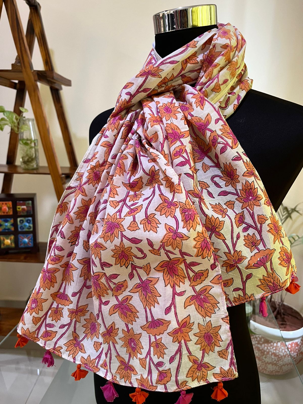 Pure Mul Cotton Hand block Printed Stole with Tassels