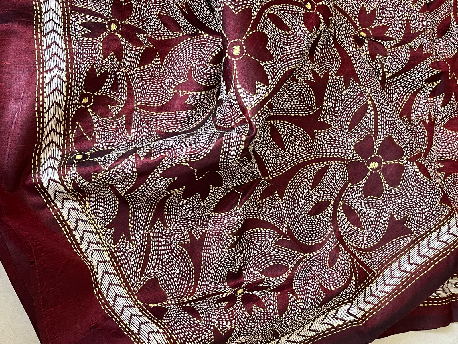Pure Silk Kantha Hand Embroidered Stole - Maroon