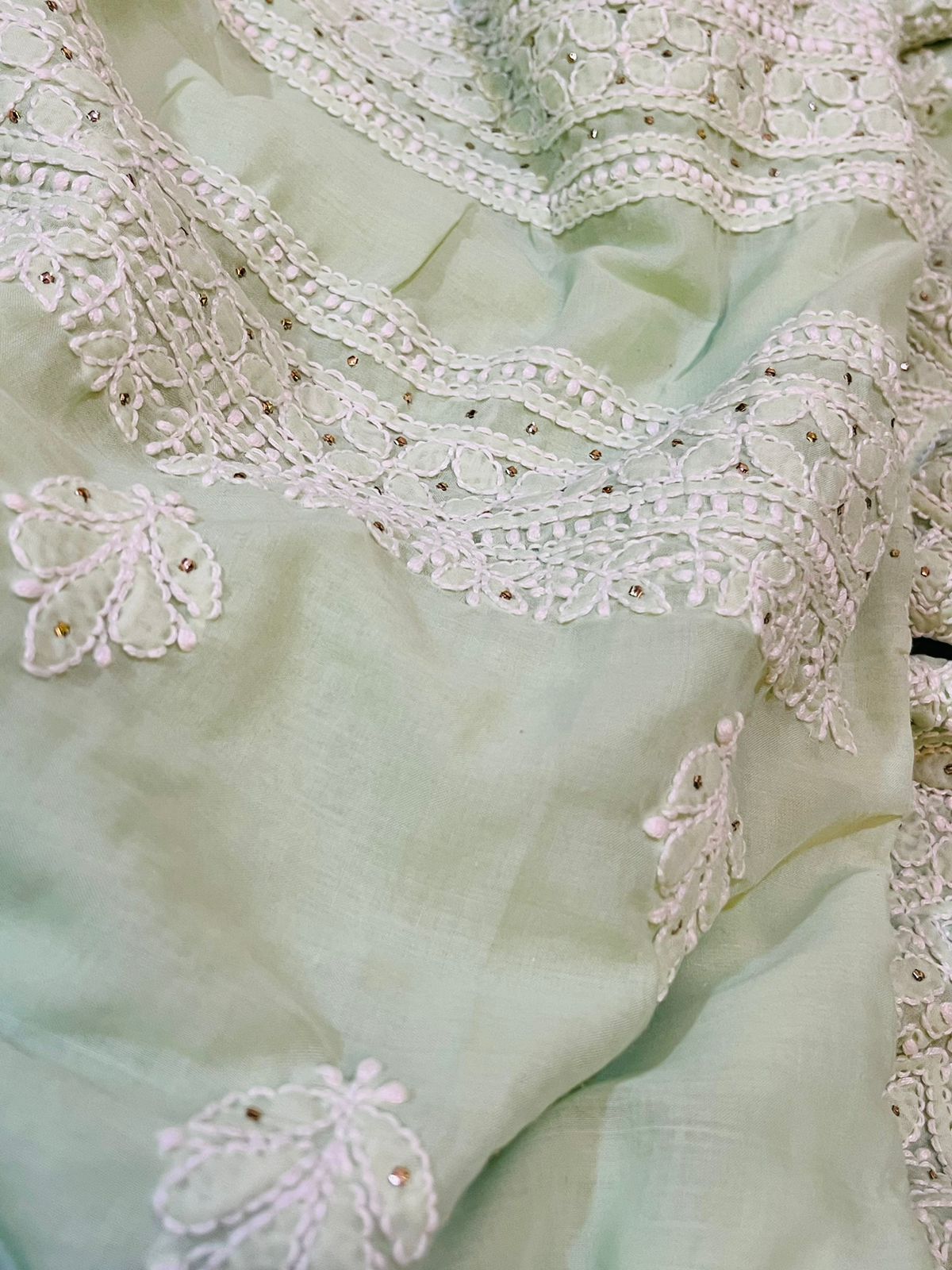 Pure mul cotton Hand Embroidered Chikankari Party Wear 3 piece suit - Pista Green