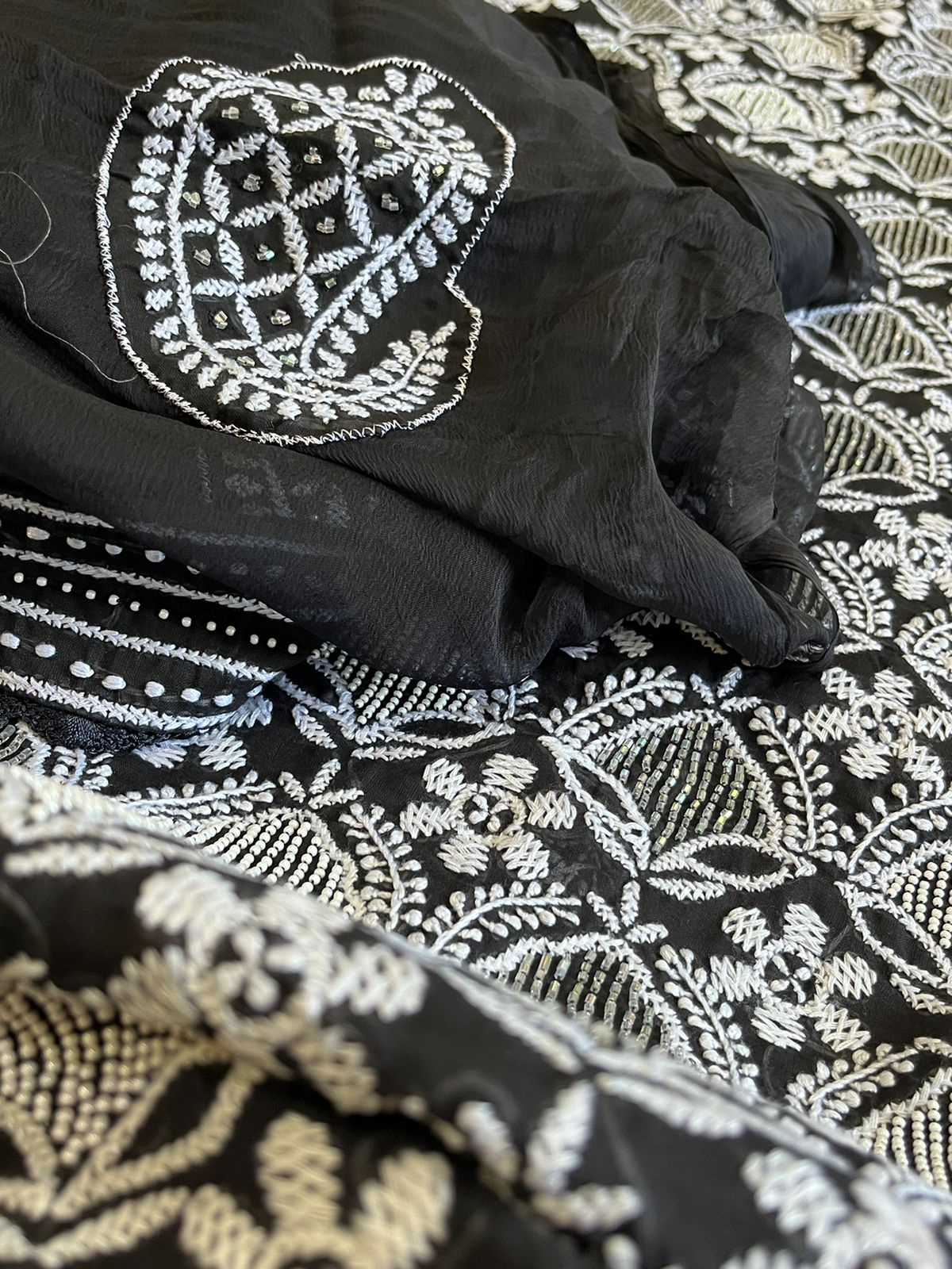 Pure mul cotton Hand Embroidered Chikankari Party Wear 3 piece suit - Black