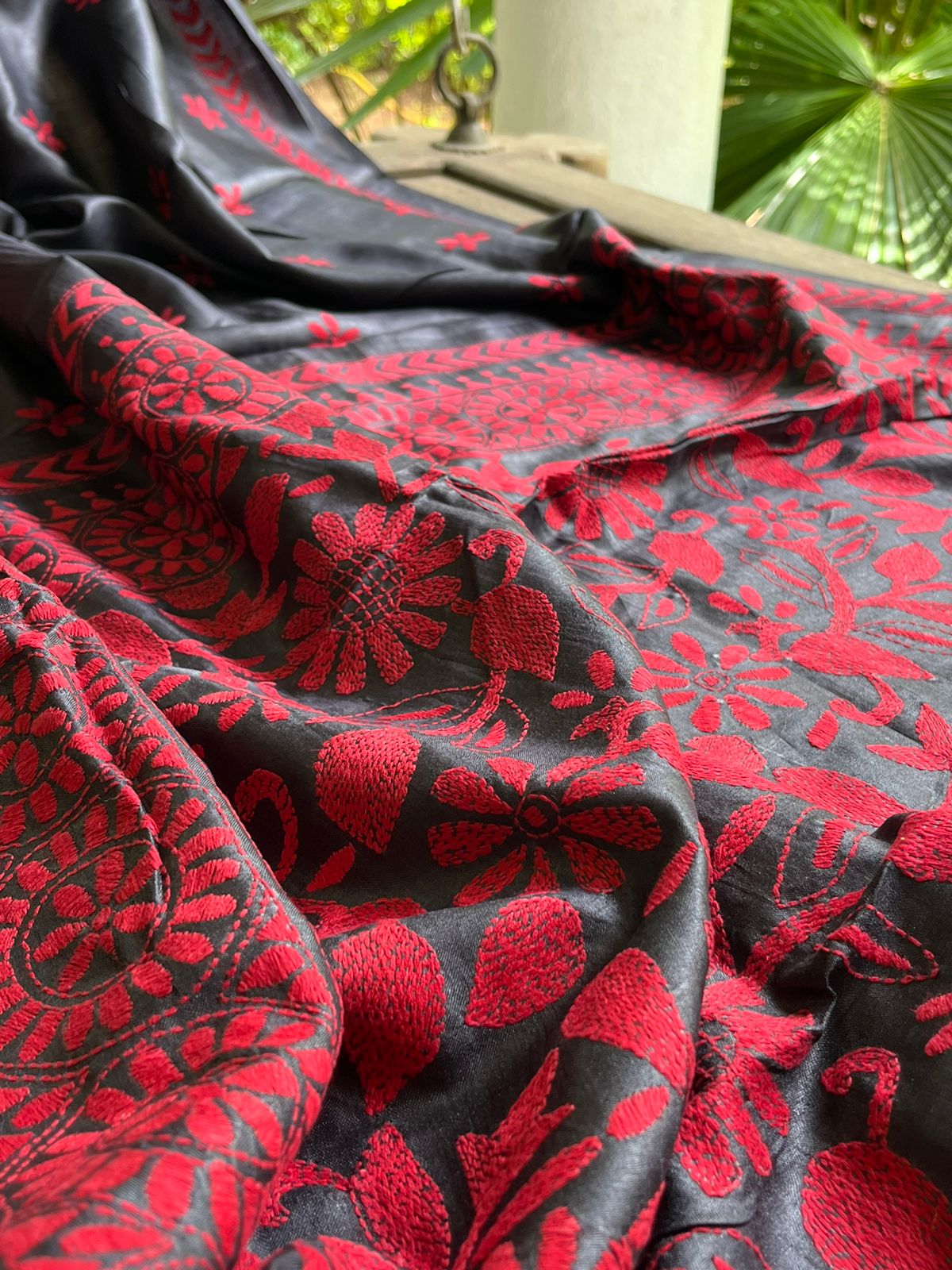 Pure Tussar Silk Handwoven Saree with hand Kantha Embroidery - Charcoal Black with Red