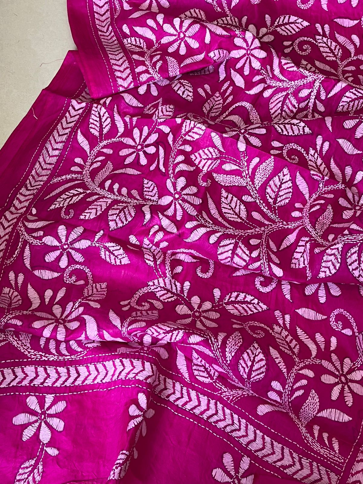 Pure Silk Kantha Hand Embroidered Stole - Pink