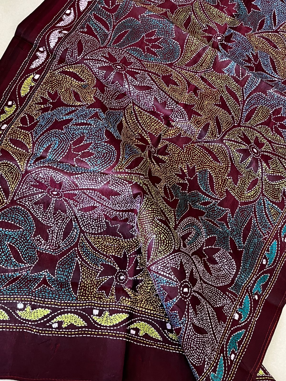 Pure Silk Kantha Hand Embroidered Stole - Maroon