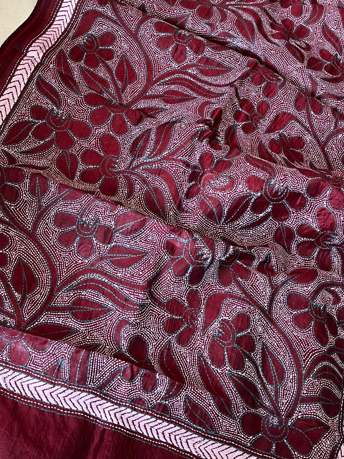Pure Silk Kantha Hand Embroidered Stole - Wine Red