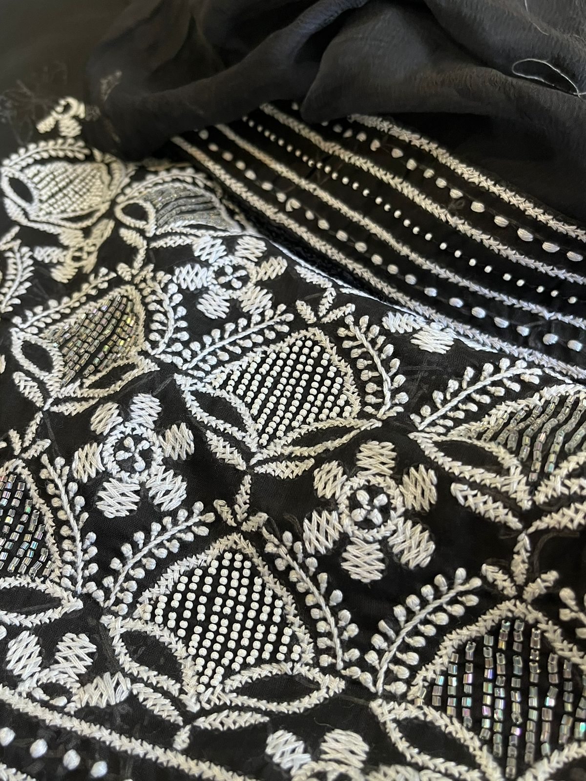 Pure mul cotton Hand Embroidered Chikankari Party Wear 3 piece suit - Black