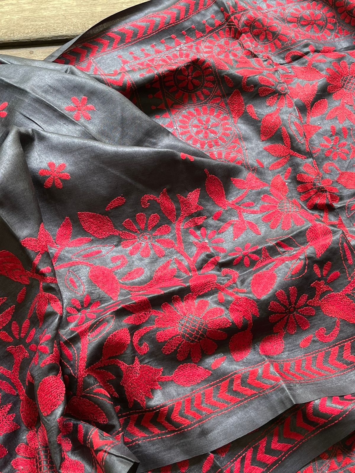 Pure Tussar Silk Handwoven Saree with hand Kantha Embroidery - Charcoal Black with Red