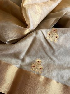 Pure Chanderi Silk Handwoven saree with buttis - Beige with Gold