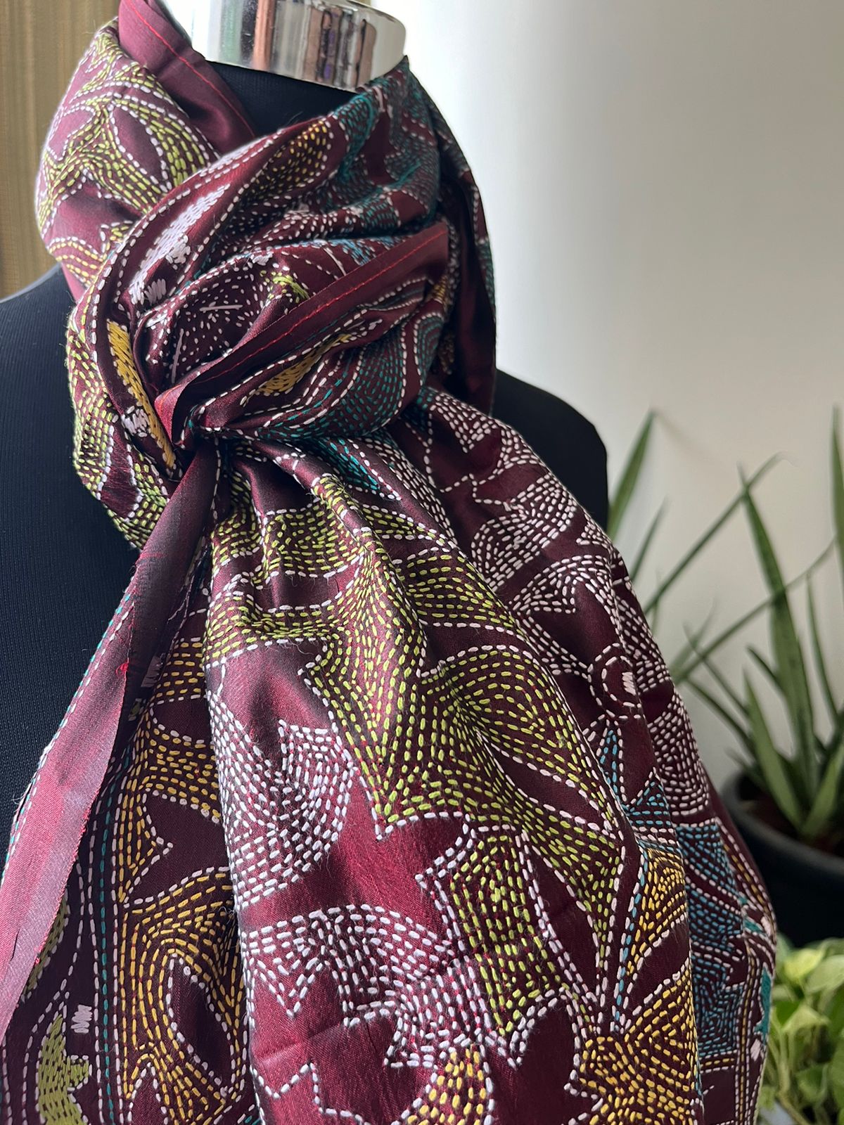 Pure Silk Kantha Hand Embroidered Stole - Maroon