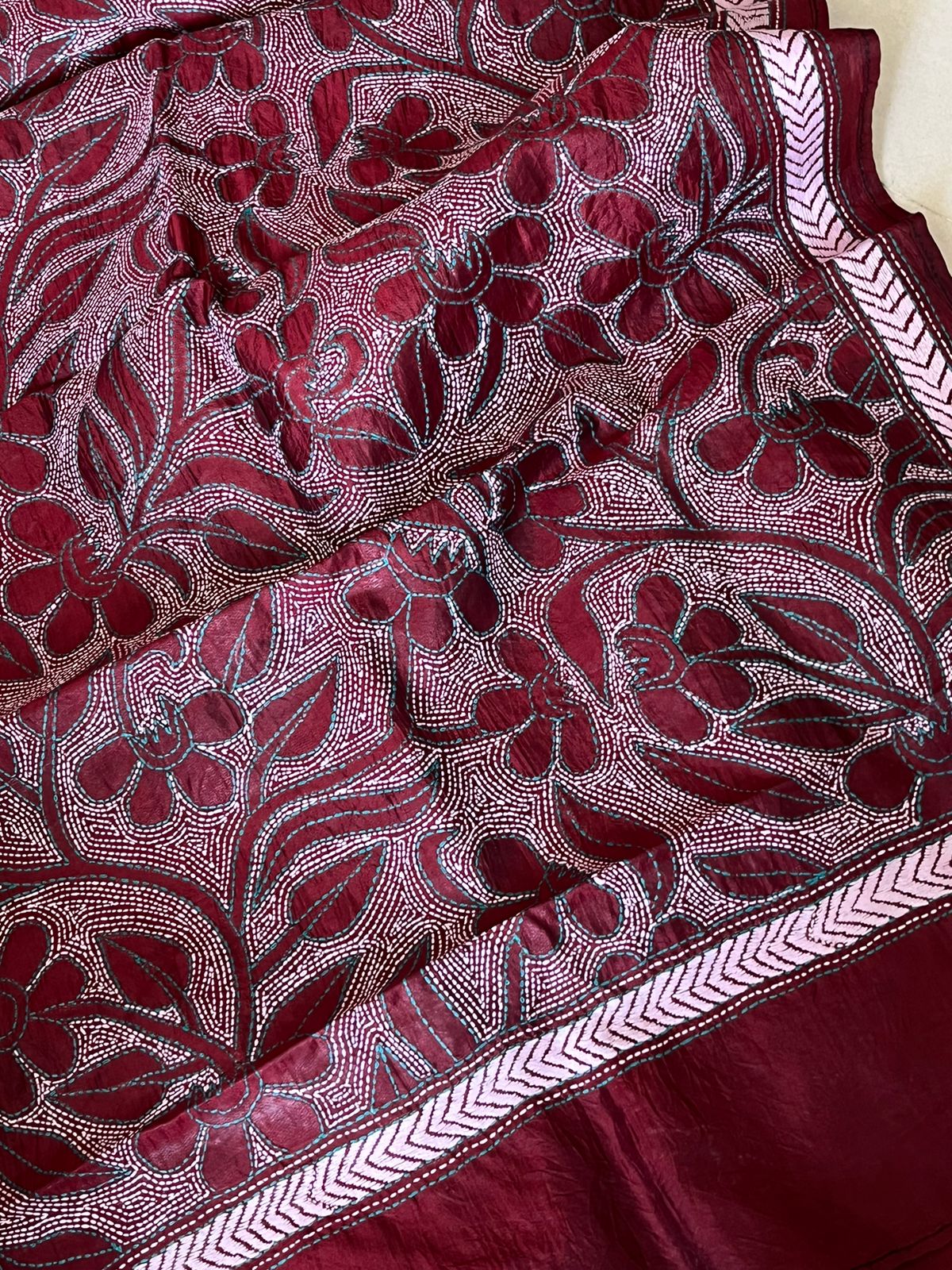 Pure Silk Kantha Hand Embroidered Stole - Wine Red