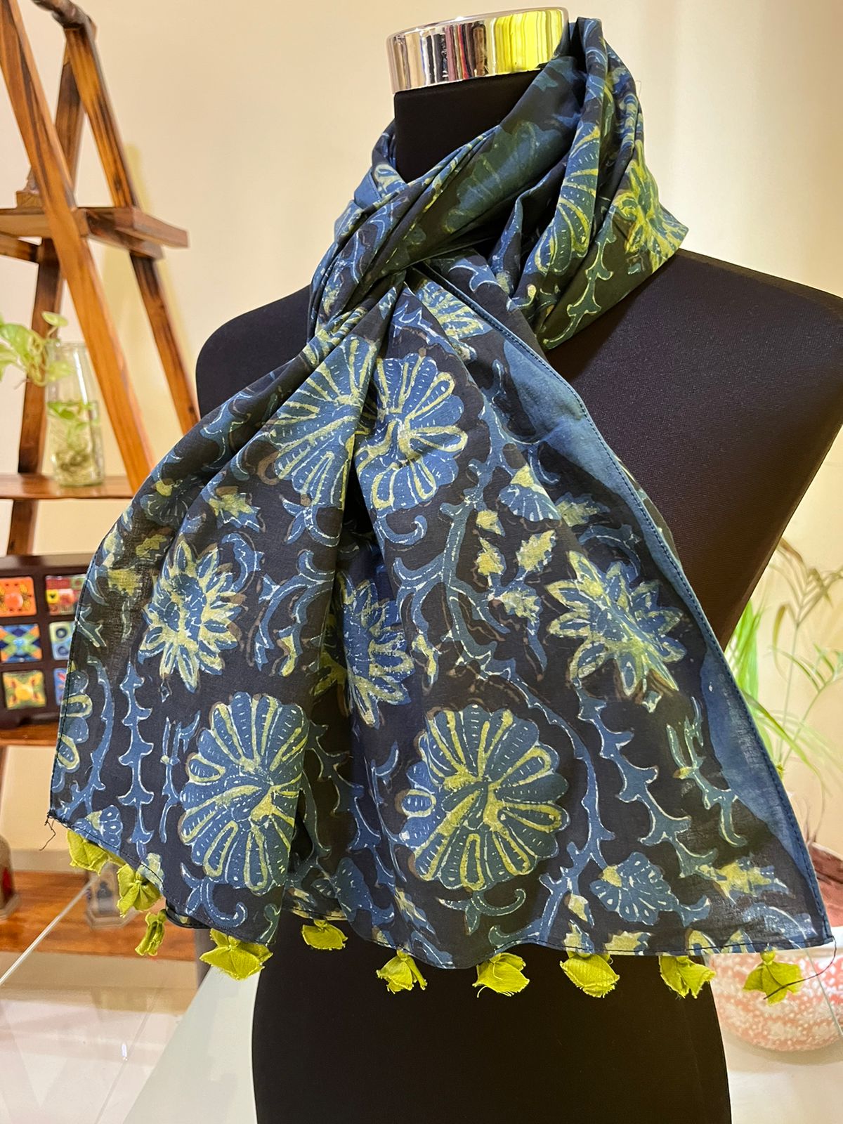 Pure Mul Cotton Hand block Printed Stole with Tassels