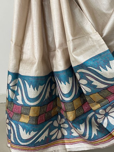 Pure Tussar Silk Handwoven saree with Hand Kantha Embroidery