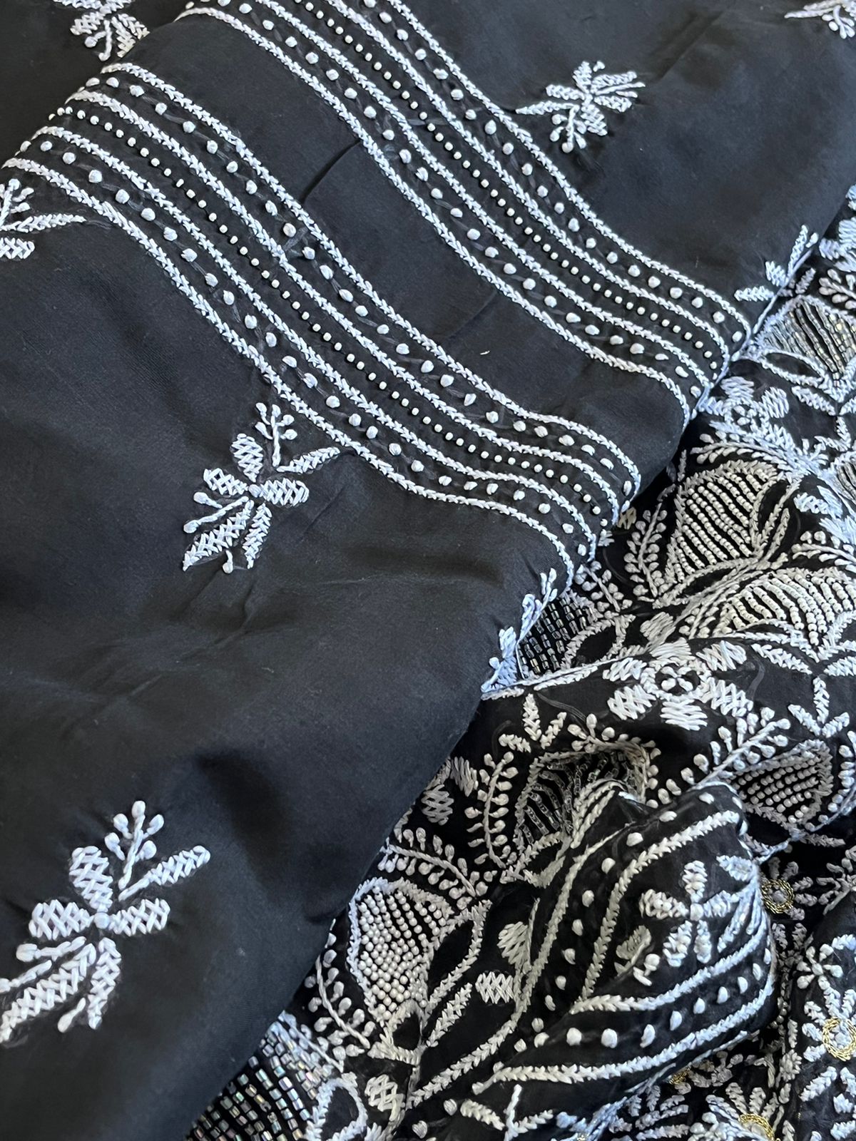 Pure mul cotton Hand Embroidered Chikankari Party Wear 3 piece suit - Black