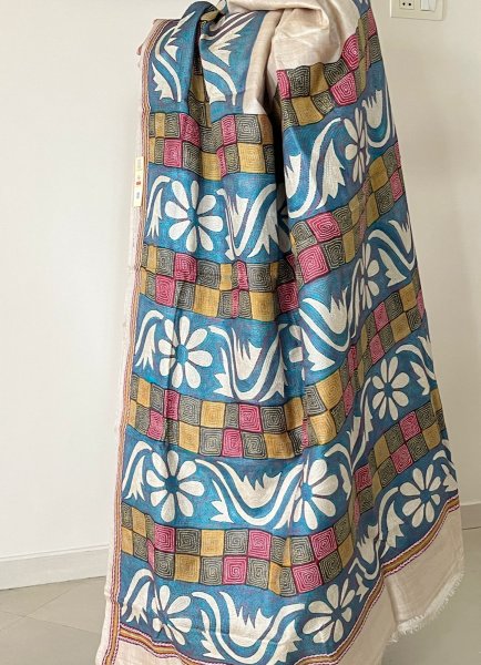 Pure Tussar Silk Handwoven saree with Hand Kantha Embroidery