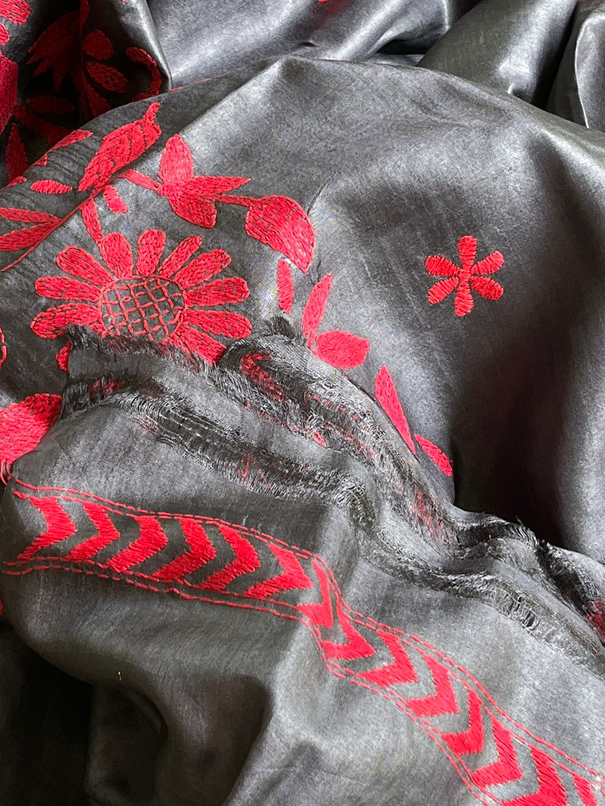 Pure Tussar Silk Handwoven Saree with hand Kantha Embroidery - Charcoal Black with Red
