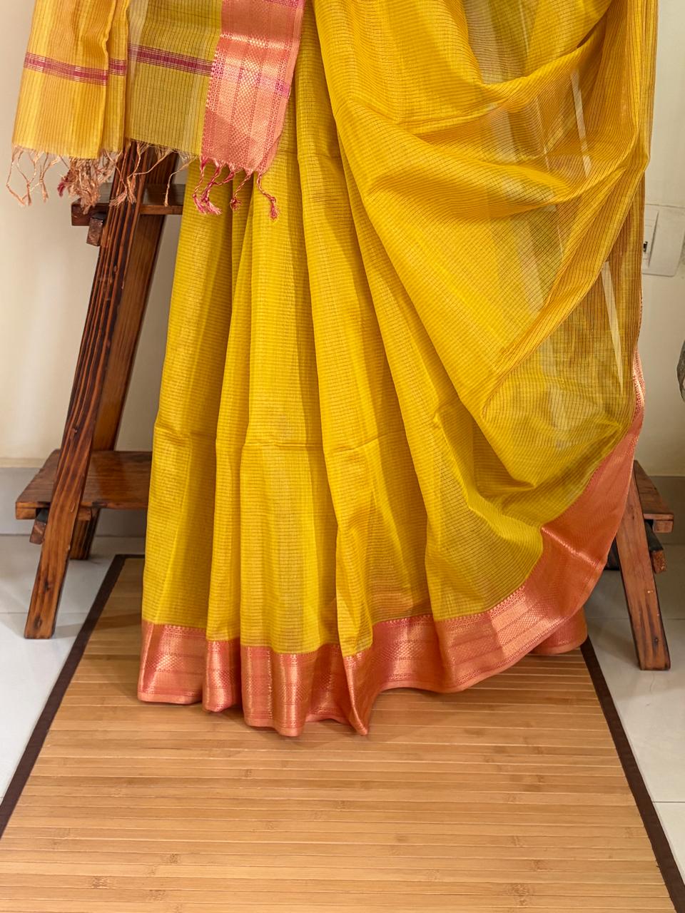 Aabha Mustard Yellow and Peach Handwoven Maheshwari Saree