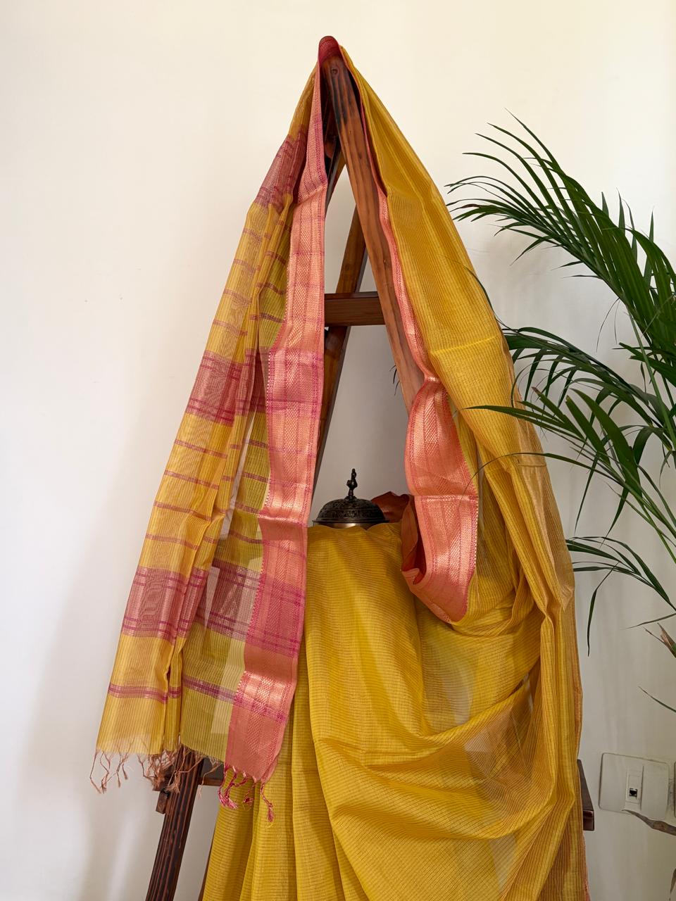 Aabha Mustard Yellow and Peach Handwoven Maheshwari Saree