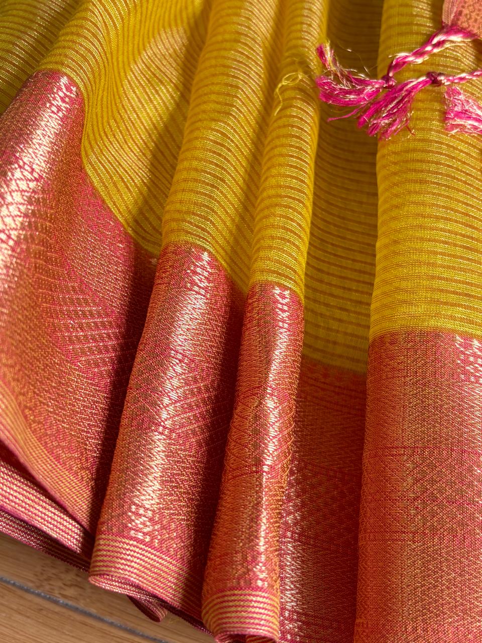 Aabha Mustard Yellow and Peach Handwoven Maheshwari Saree