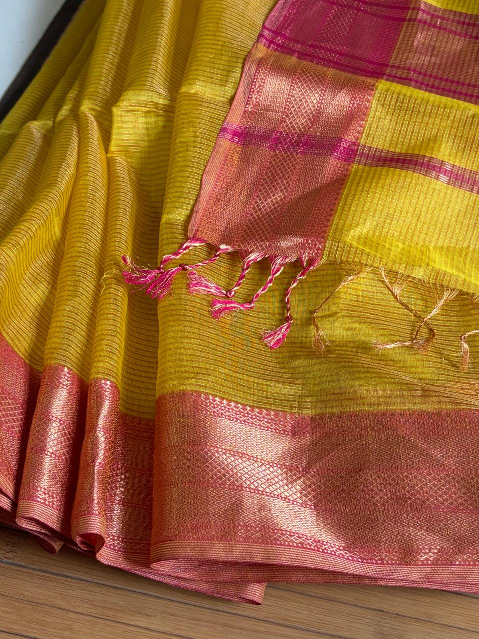 Aabha Mustard Yellow and Peach Handwoven Maheshwari Saree