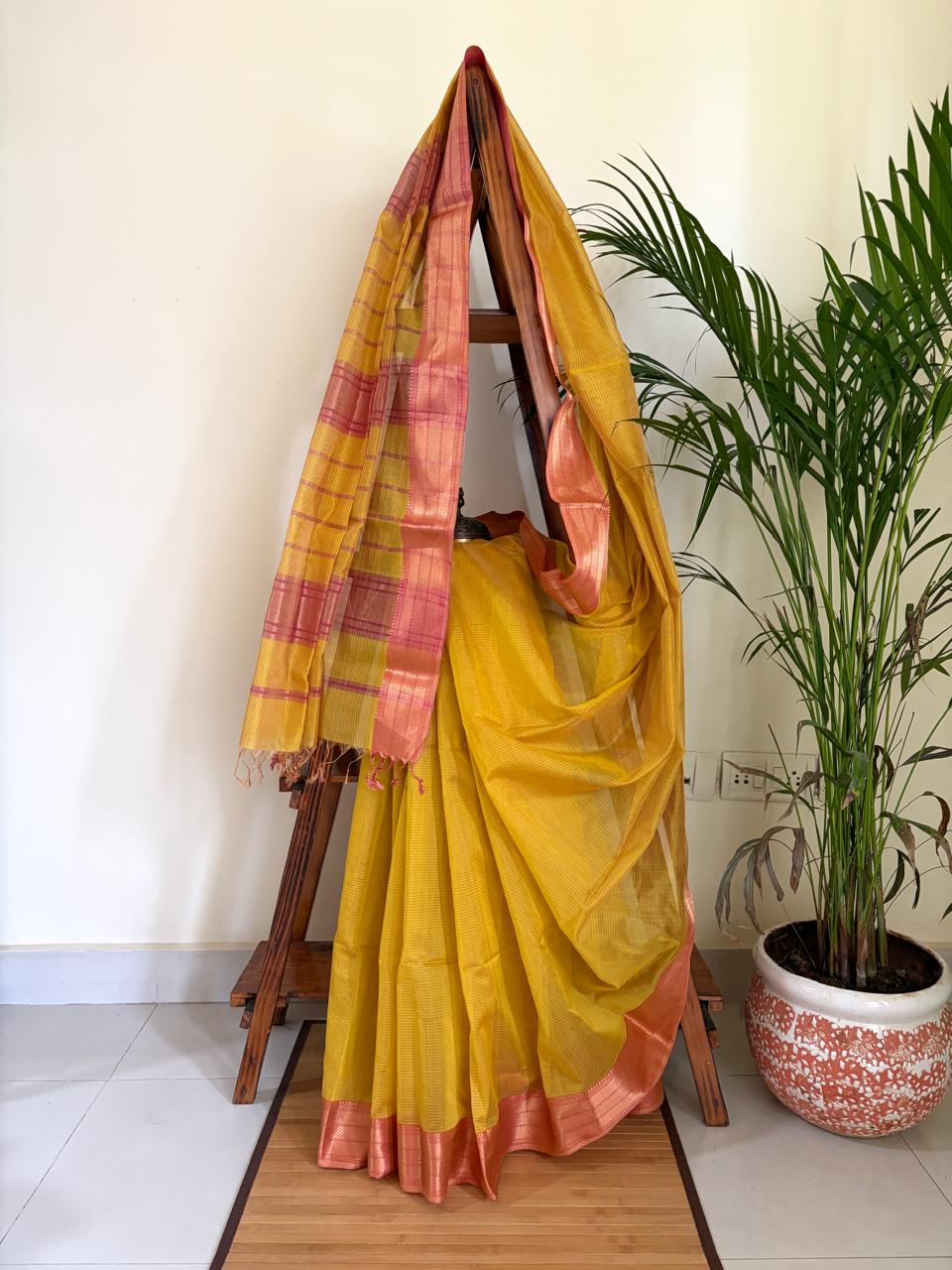 Aabha Mustard Yellow and Peach Handwoven Maheshwari Saree