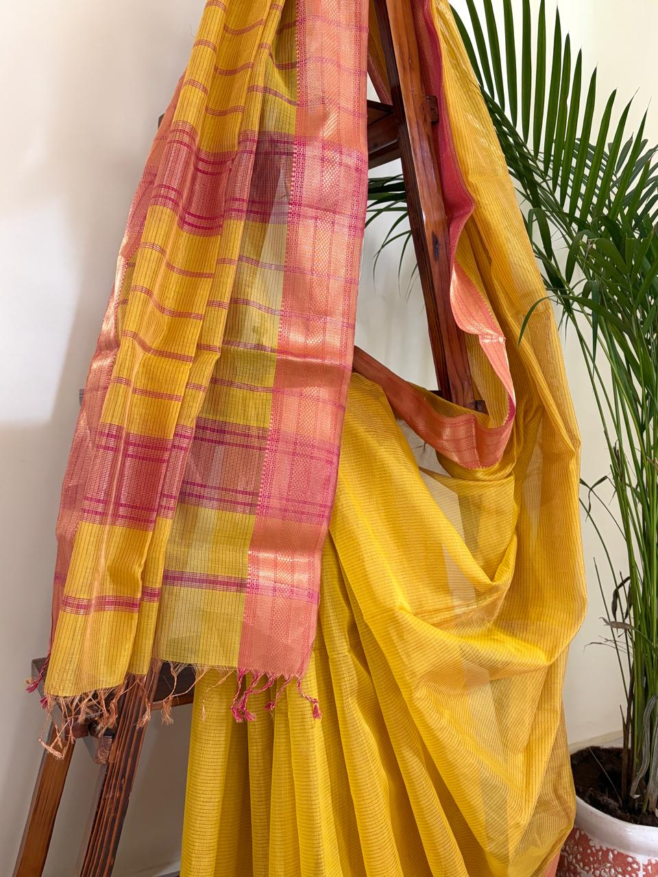 Aabha Mustard Yellow and Peach Handwoven Maheshwari Saree