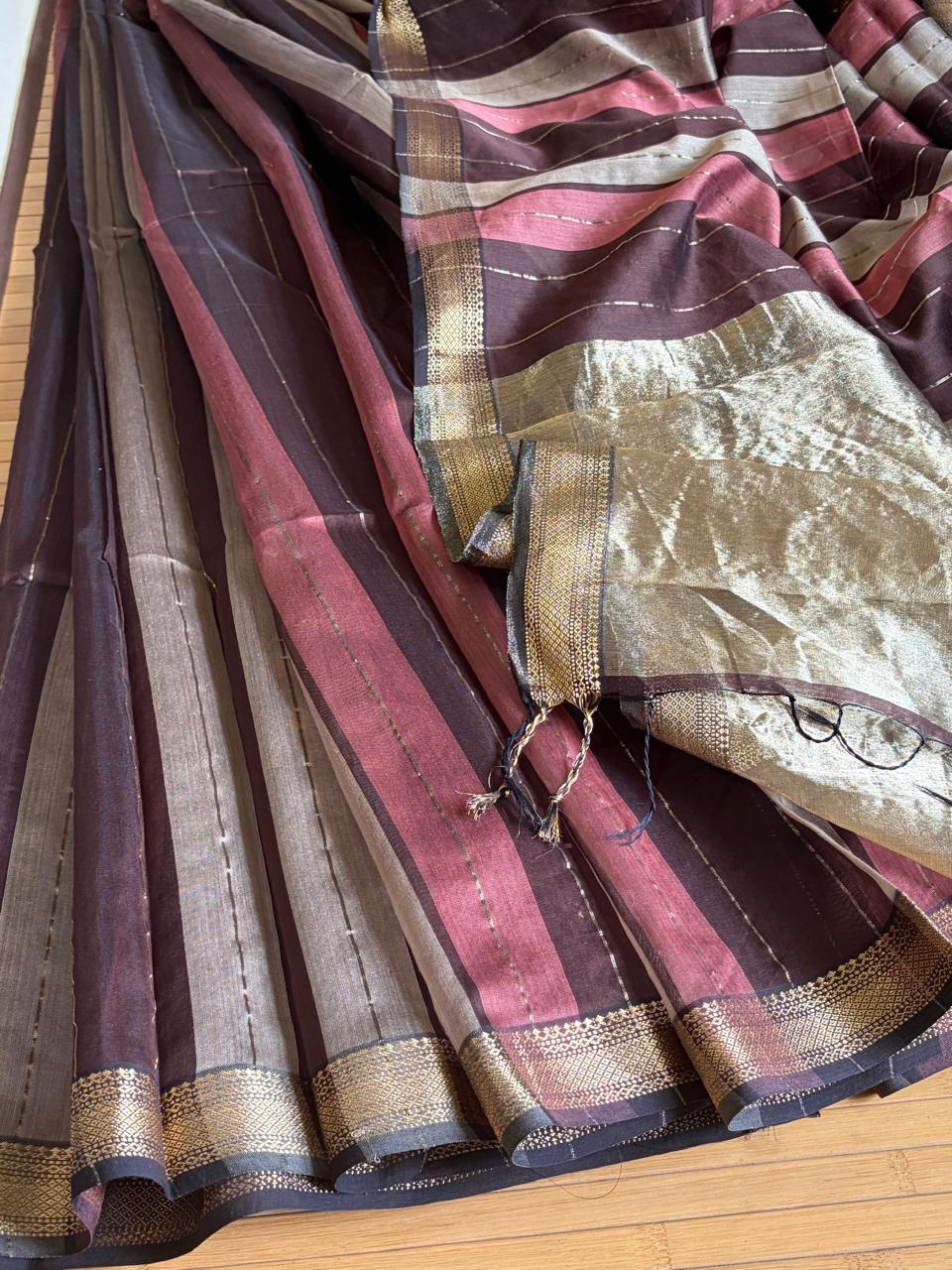 Aarohi Wine Rose and Silver Striped Handwoven Maheshwari Saree