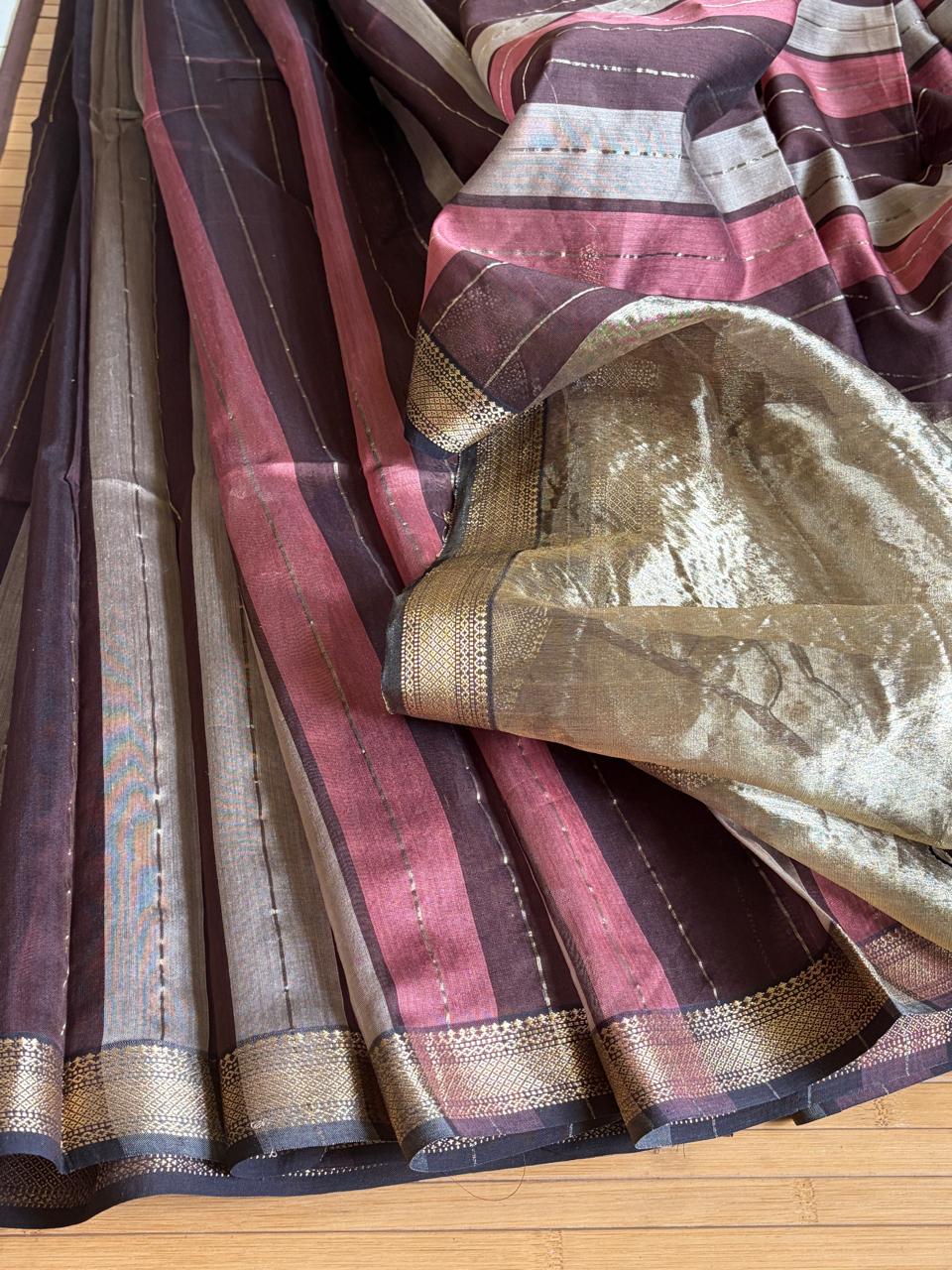Aarohi Wine Rose and Silver Striped Handwoven Maheshwari Saree
