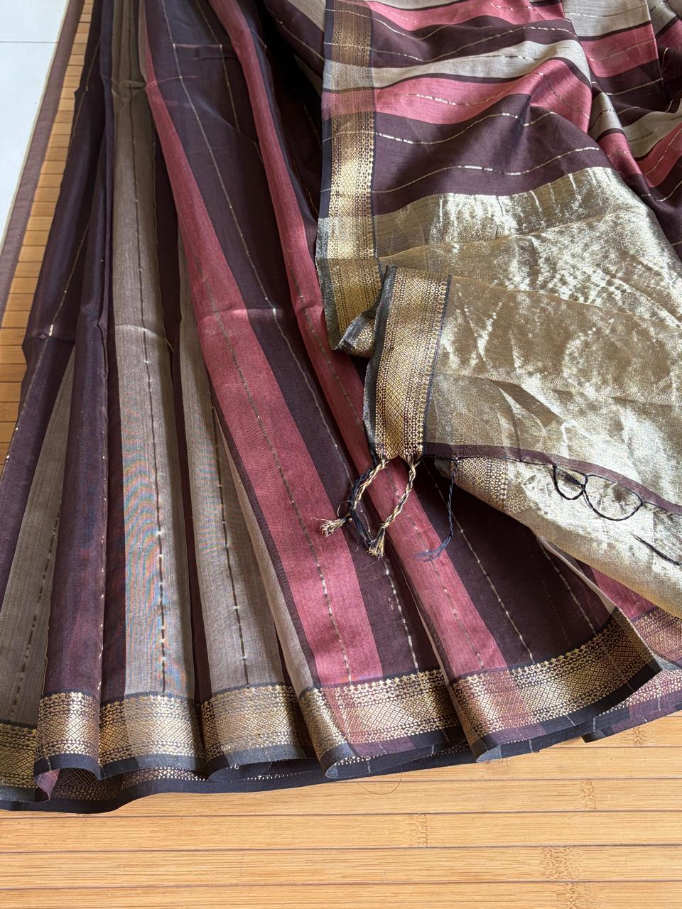 Aarohi Wine Rose and Silver Striped Handwoven Maheshwari Saree