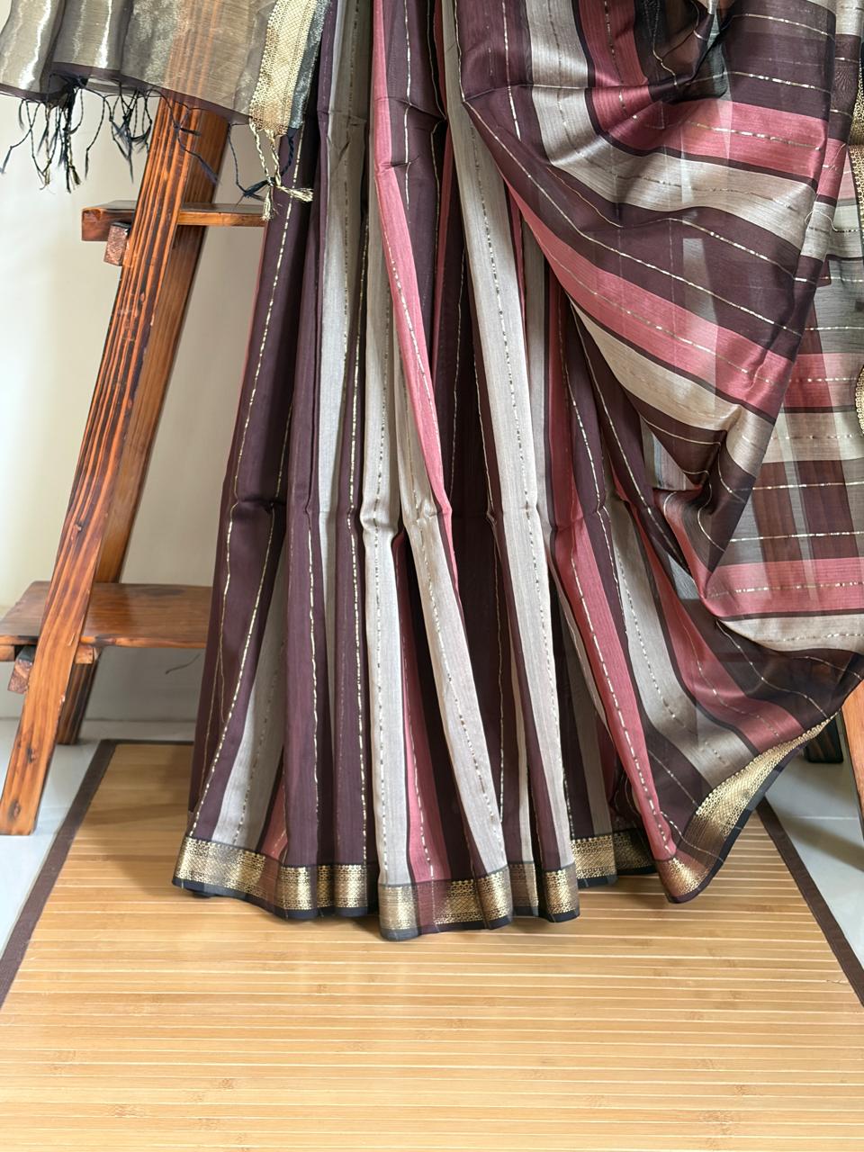 Aarohi Wine Rose and Silver Striped Handwoven Maheshwari Saree