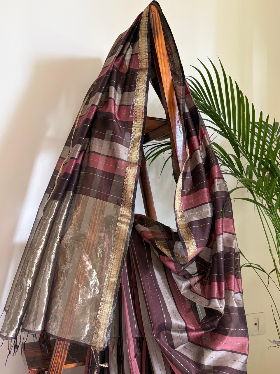 Aarohi Wine Rose and Silver Striped Handwoven Maheshwari Saree