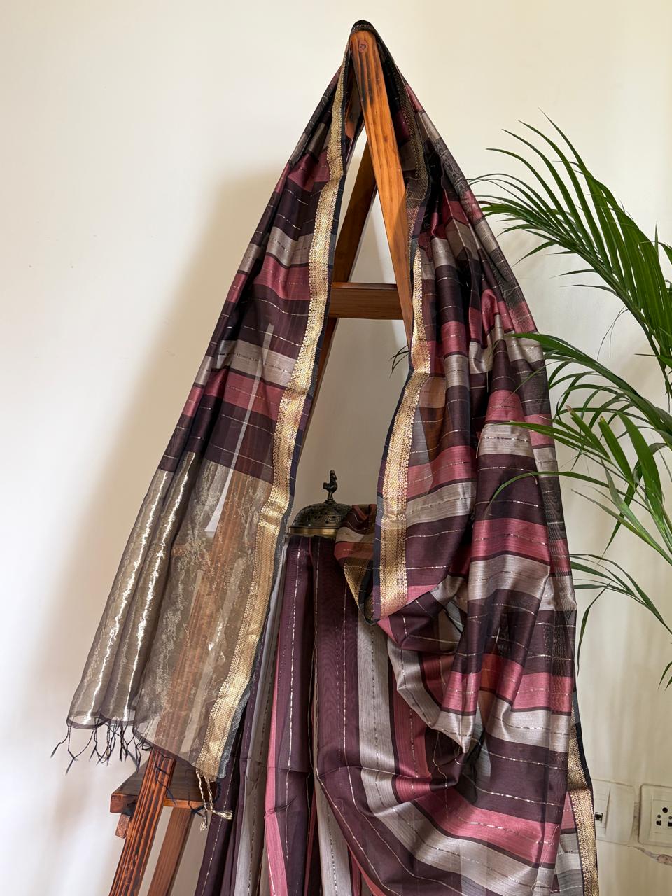 Aarohi Wine Rose and Silver Striped Handwoven Maheshwari Saree
