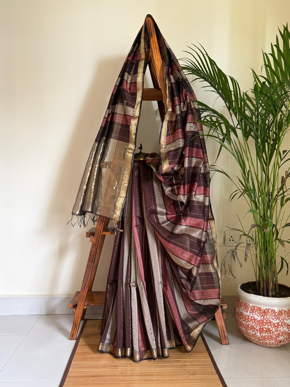 Aarohi Wine Rose and Silver Striped Handwoven Maheshwari Saree