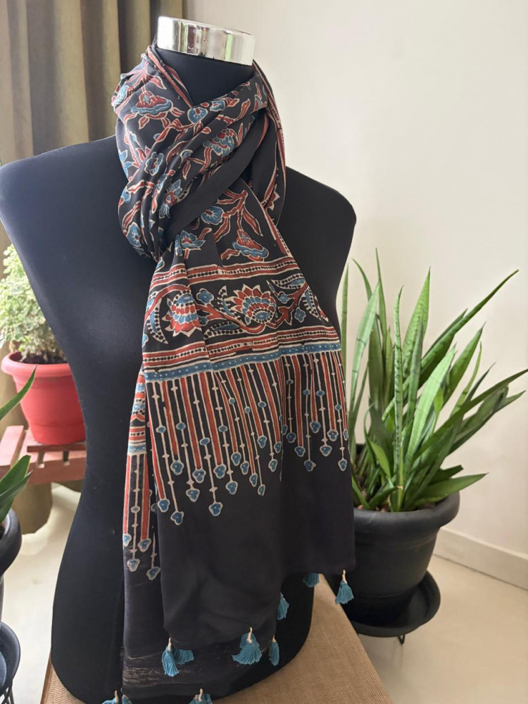 Image of Ajrakh Hand Block Printed Modal Silk Stole