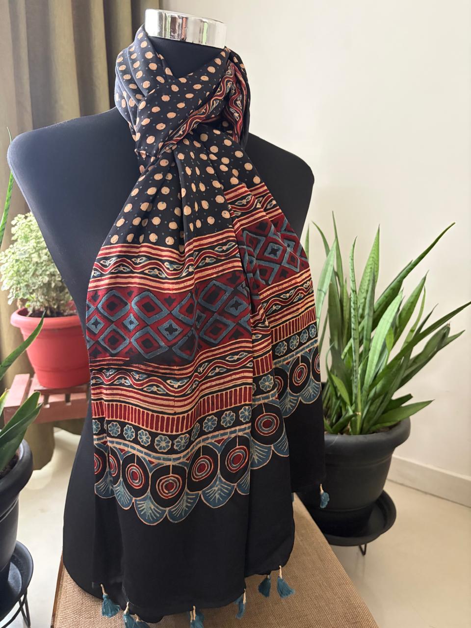 Ajrakh Hand Block Printed Modal Silk Stole