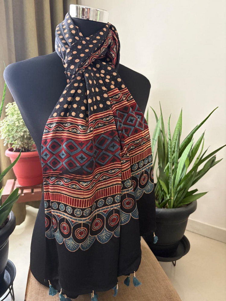 Image of Ajrakh Hand Block Printed Modal Silk Stole