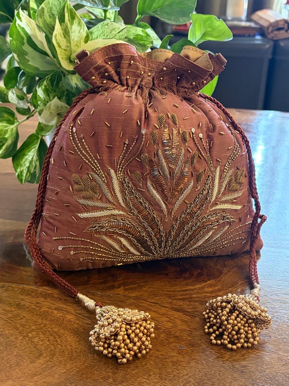 Aranya Copper Brown Botanical Zardozi and Kamdani Potli