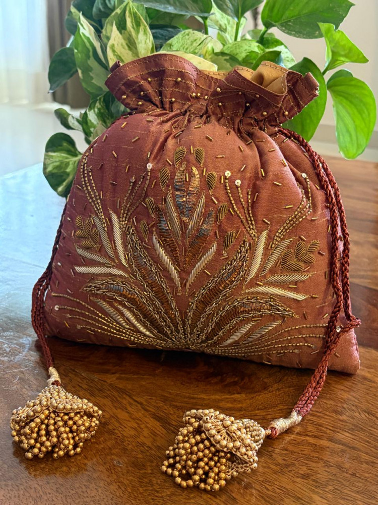 Image of Aranya Copper Brown Botanical Zardozi and Kamdani Potli