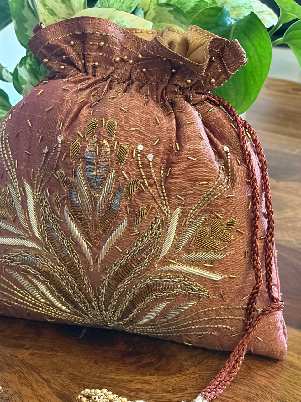 Aranya Copper Brown Botanical Zardozi and Kamdani Potli