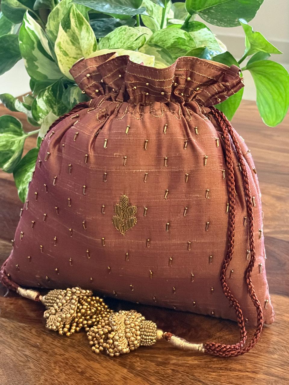 Aranya Copper Brown Botanical Zardozi and Kamdani Potli