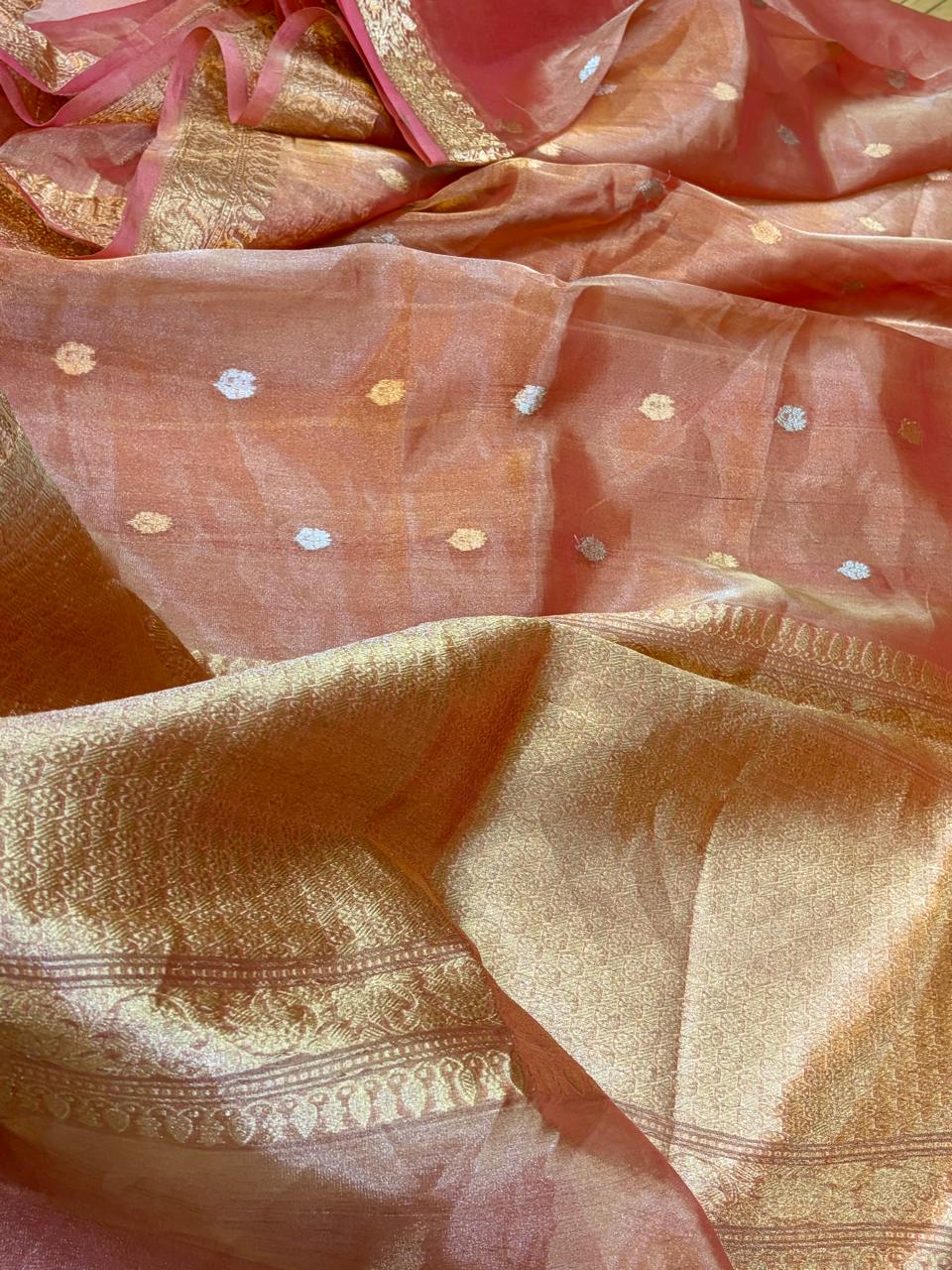 Banarasi Pure Peach Tissue Saree with Handwoven Kadwa Butti
